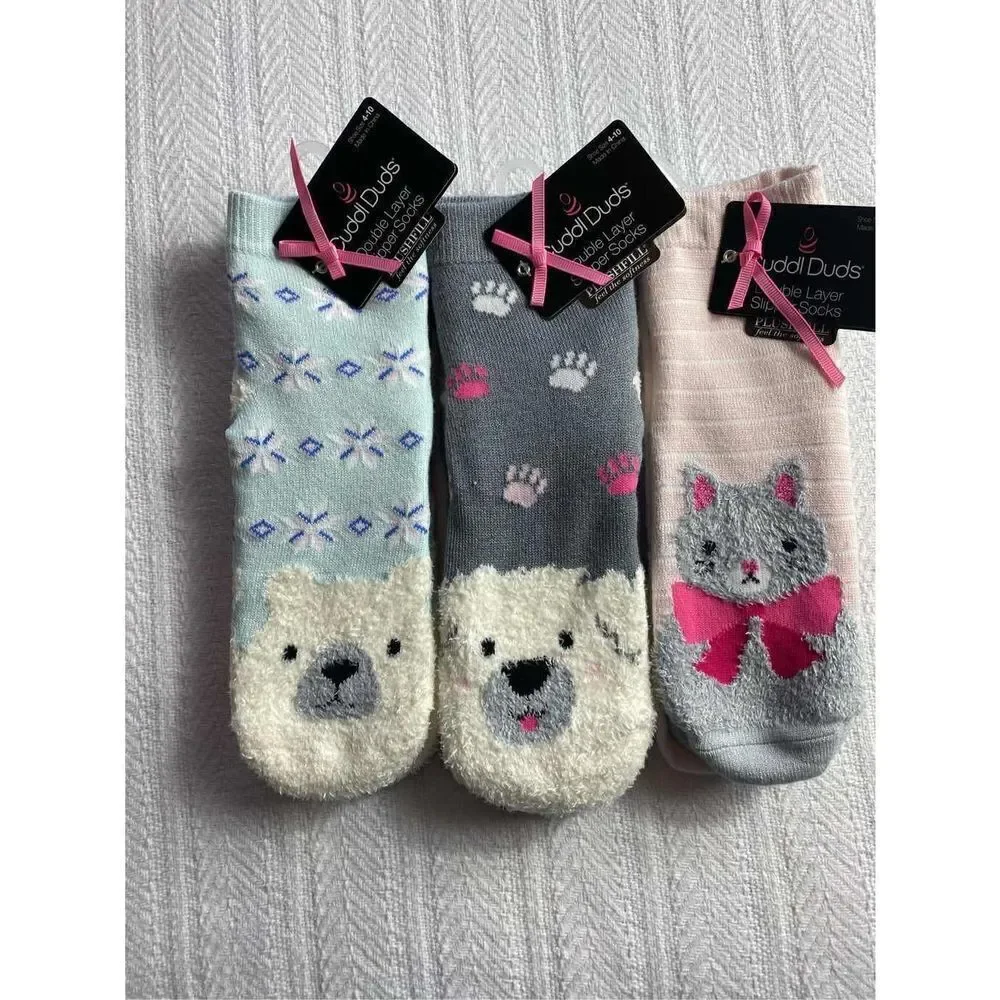 Cuddl Duds Girls 4-10 Ankle Double Layer Slipper Socks Total 6 Pr